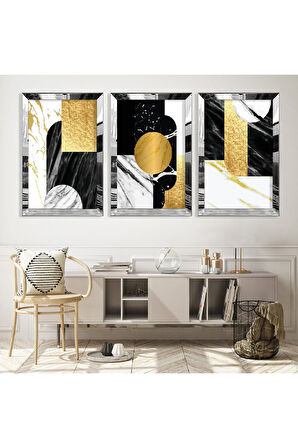 Gold Aynalı Pleksi Çerçeveli Desenli Soyut Şekiller Üçlü Mdf Tablo Seti