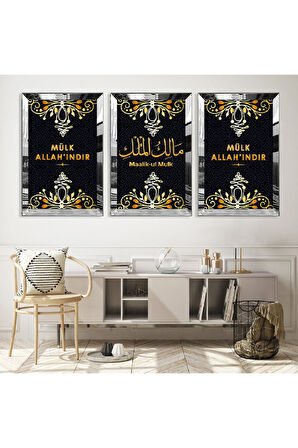Gold Aynalı Pleksi Çerçeveli Malikül Mülk Dini Üçlü Mdf Tablo Seti