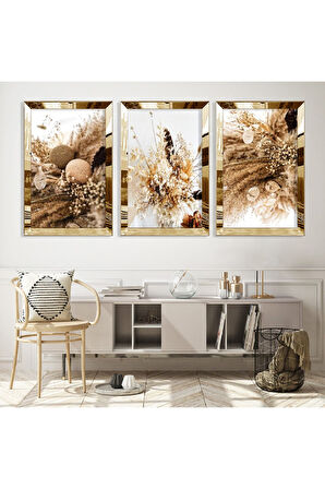 Gold Aynalı Pleksi Çerçeveli Kurutulmuş Çiçek Üçlü Mdf Tablo Seti