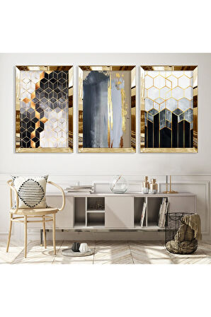 Gümüş Aynalı Pleksi Çerçeveli Üçlü Soyut Desen Üçlü Mdf Tablo Seti