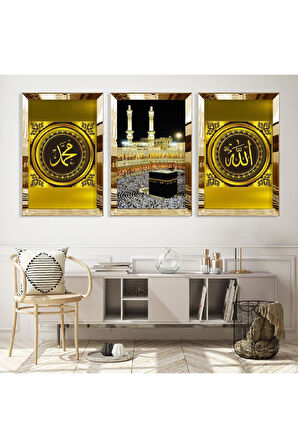 Gümüş Aynalı Pleksi Çerçeveli Kabe Ve Allah Muhammed Lafzı Dini Üçlü Mdf Tablo Seti