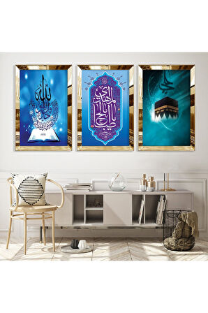 Gümüş Aynalı Pleksi Çerçeveli Kabe Ve Allah Muhammed Lafzı Dini Üçlü Mdf Tablo Seti
