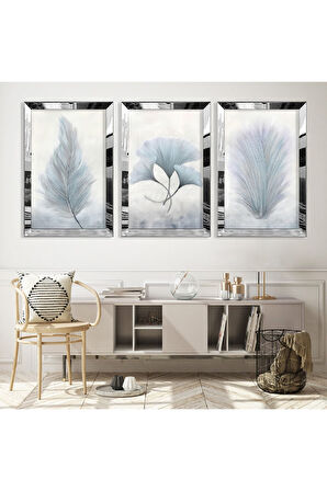 Gümüş Aynalı Pleksi Çerçeveli Beyaz Kar Çiçeği Üçlü Mdf Tablo Seti