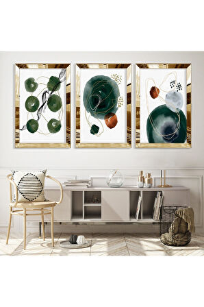 Gümüş Aynalı Pleksi Çerçeveli Üçlü Soyut Desen Üçlü Mdf Tablo Seti