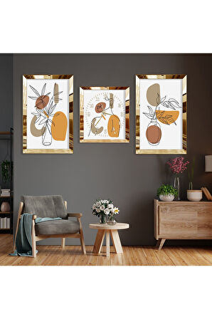 Minimalist Soyut Desen Gold Pleksi Kenar Üçlü Mdf Tablo Seti