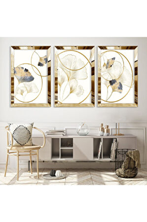 Gümüş Aynalı Pleksi Çerçeveli Minimalist Desenli Soyut Üçlü Mdf Tablo Seti