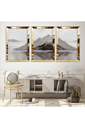 Gümüş Aynalı Pleksi Çerçeveli Kolaj Çizim Dağ Üçlü Mdf Tablo Seti