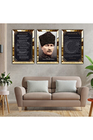 Gold Aynalı Pleksi Çerçeveli Mustafa Kemal Atatürk Üçlü Mdf Tablo Seti