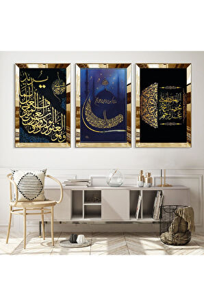 Gümüş Aynalı Pleksi Çerçeveli Cami Üçlü Mdf Tablo Seti