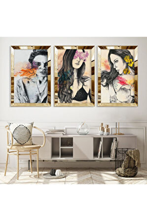 Gümüş Aynalı Pleksi Çerçeveli Eskiz Çizim Üçlü Mdf Tablo Seti