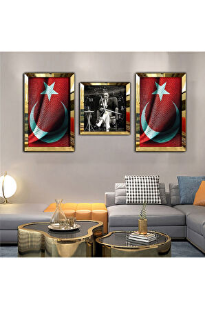Gold Aynalı Pleksi Çerçeveli Mustafa Kemal Atatürk Aynalı Li Üçlü Mdf Tablo Seti Ve Saat Seti