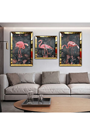 Gümüş Aynalı Pleksi Çerçeveli Flamingo Aynalı Üçlü Mdf Tablo Seti Ve Saat Seti