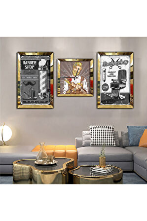 Gümüş Aynalı Pleksi Çerçeveli Erkek Berberi Aynalı Üçlü Mdf Tablo Seti Ve Saat Seti