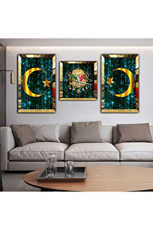 Gümüş Aynalı Pleksi Çerçeveli Osmanlı Tuğrası Aynalı Üçlü Mdf Tablo Seti Ve Saat Seti