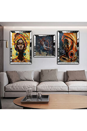 Gold Aynalı Pleksi Çerçeveli Afrikalı Kadın Aynalı Li Üçlü Mdf Tablo Seti Ve Saat Seti