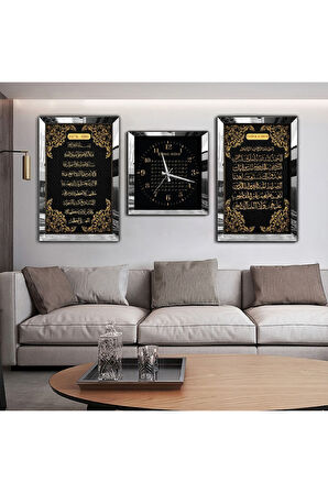 Gümüş Aynalı Pleksi Çerçeveli Ayetel Kürsi Aynalı Üçlü Mdf Tablo Seti Ve Saat Seti