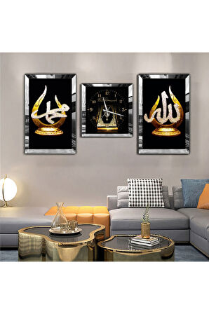 Gümüş Aynalı Pleksi Çerçeveli Hz Muhammed Ve Allah Lafzı Aynalı Üçlü Mdf Tablo Seti Ve Saat Seti
