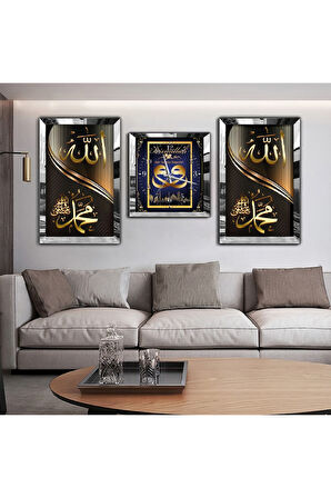 Gold Aynalı Pleksi Çerçeveli Hz Muhammed Ve Allah Lafzı Aynalı Li Üçlü Mdf Tablo Seti Ve Saat Seti