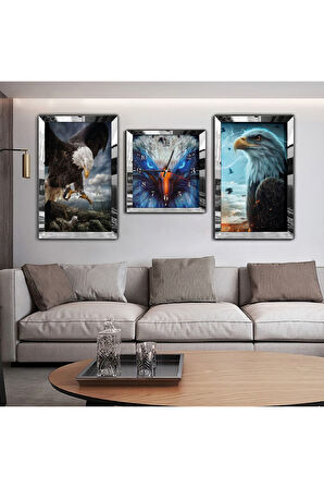 Gold Aynalı Pleksi Çerçeveli Kartal Aynalı Li Üçlü Mdf Tablo Seti Ve Saat Seti