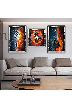 Gold Aynalı Pleksi Çerçeveli Alevli Müzik Aynalı Li Üçlü Mdf Tablo Seti Ve Saat Seti