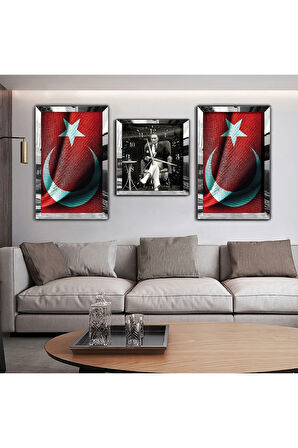 Gold Aynalı Pleksi Çerçeveli Mustafa Kemal Atatürk Aynalı Li Üçlü Mdf Tablo Seti Ve Saat Seti