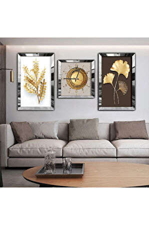 Gümüş Aynalı Pleksi Çerçeveli Buğday Çiçeği Aynalı Üçlü Mdf Tablo Seti Ve Saat Seti