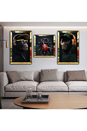 Gümüş Aynalı Pleksi Çerçeveli 3maymun Aynalı Üçlü Mdf Tablo Seti Ve Saat Seti