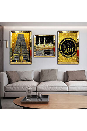 Gümüş Aynalı Pleksi Çerçeveli Kabe Dini Aynalı Üçlü Mdf Tablo Seti Ve Saat Seti