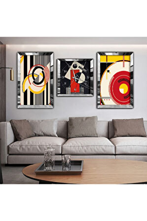 Gold Aynalı Pleksi Çerçeveli Renkli Aynalı Li Üçlü Mdf Tablo Seti Ve Saat Seti