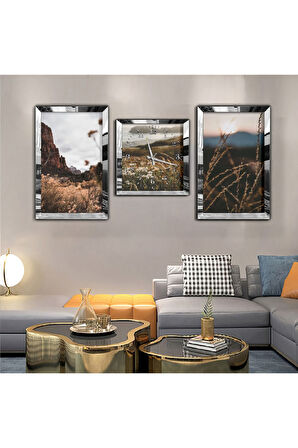 Gold Aynalı Pleksi Çerçeveli Manzara Aynalı Li Üçlü Mdf Tablo Seti Ve Saat Seti