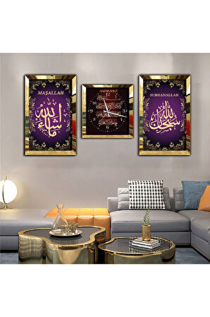 Gümüş Aynalı Pleksi Çerçeveli Subhanallah Aynalı Üçlü Mdf Tablo Seti Ve Saat Seti