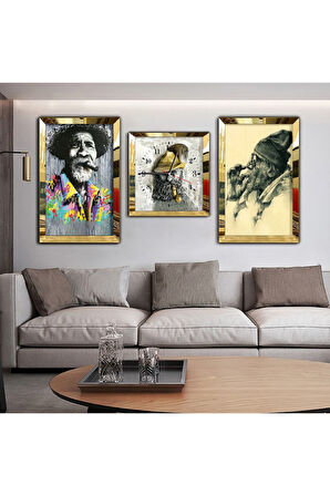 Gümüş Aynalı Pleksi Çerçeveli Tarz Yaşlı Adam Aynalı Üçlü Mdf Tablo Seti Ve Saat Seti