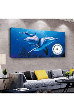 Sevimli Yunuslar 120 X 60 Saatli Kanvas Tablo