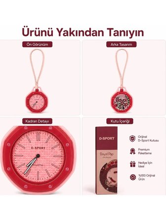 Boyal Pap Askılı Cep Saati Pembe Kırmızı Quartz Sekizgen Analog