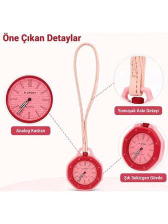Boyal Pap Askılı Cep Saati Pembe Kırmızı Quartz Sekizgen Analog