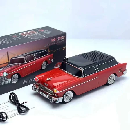 WS-1955 Kırmızı Renk Klasik Araba Kablosuz Bluetooth Hoparlör Speaker Fm Radyo SD Kart USB