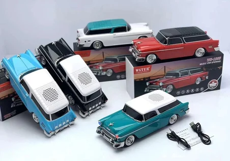 WS-1955 Kırmızı Renk Klasik Araba Kablosuz Bluetooth Hoparlör Speaker Fm Radyo SD Kart USB