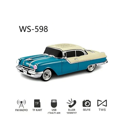 WS-598 Turkuaz Krem Renk Klasik Araba Kablosuz Bluetooth Hoparlör Speaker Fm Radyo SD Kart USB