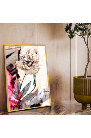 Gold Metal Çerçeveli Çiçek Desen Modern Çizim Kırılmaz Cam Tablo