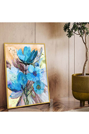 Gümüş Metal Çerçeveli Mavi Çiçek Modern Çizim Kırılmaz Cam Tablo