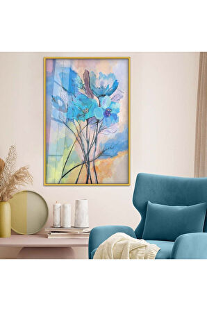 Gümüş Metal Çerçeveli Mavi Çiçek Modern Çizim Kırılmaz Cam Tablo
