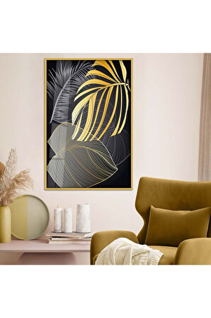Siyah Metal Çerçeveli Kolaj Çizim Yaprak Desen Kırılmaz Cam Tablo