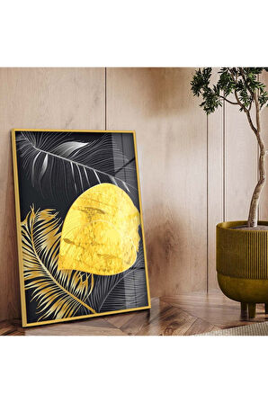 Siyah Metal Çerçeveli Kolaj Çizim Yaprak Desen Kırılmaz Cam Tablo