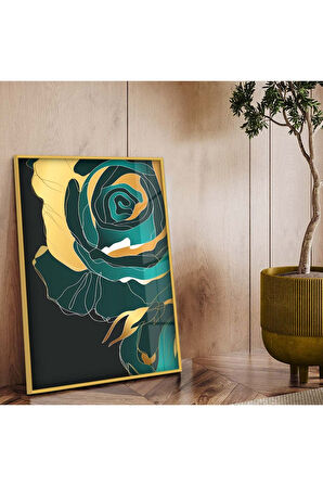 Gold Metal Çerçeveli Kolaj Çizim Çiçek Kırılmaz Cam Tablo