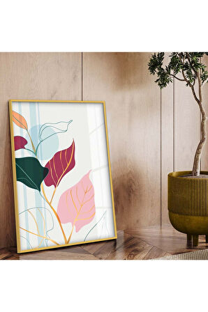 Gümüş Metal Çerçeveli Kolaj Çizim Yaprak Tema Kırılmaz Cam Tablo