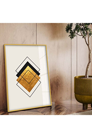 Siyah Metal Çerçeveli Geometrik Çizim Soyut Tema Çizim Kırılmaz Cam Tablo