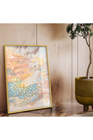 Gold Metal Çerçeveli Soyut Tema Renkli Desen Kırılmaz Cam Tablo