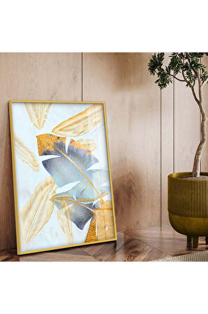 Siyah Metal Çerçeveli Modern Çizim Yaprak Desen Kırılmaz Cam Tablo