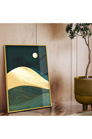 Gold Metal Çerçeveli Kolaj Çizim Doğa Tema Kırılmaz Cam Tablo