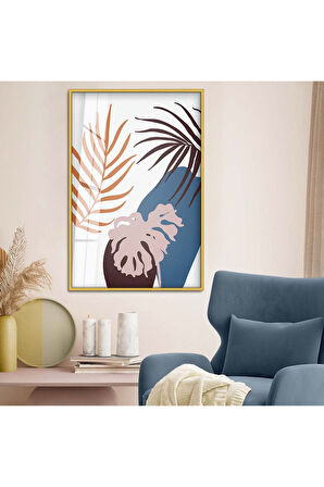 Gümüş Metal Çerçeveli Kolaj Çizim Yaprak Tema Kırılmaz Cam Tablo